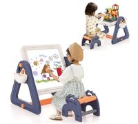 COSTWAY Kids Art Easel, 6 in 1 Toddler Activity Table and Chair Set with Whiteboard, Storage, Double-Sided Tabletop, 160+ Building Blocks, Multi-Activity Children's Play Tables for Boys Girls