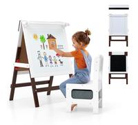 COSTWAY Kids Art Easel and Chair Set, Wooden Toddler Activity Table with Magnetic Whiteboard & Blackboard, Fabric Storage Bin, Double-Sided Height Adjustable Easels for 3+ Years Old (Brown + White)