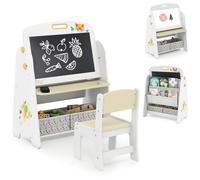 COSTWAY Kids Art Easel and Chair Set, Wooden Toddler Activity Table with Magnetic Whiteboard, Blackboard, Bookshelf, Fabric Bins, Double-Sided Easels for 3+ Years Old