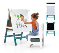 COSTWAY Kids Art Easel and Chair Set, Wooden Toddler Activity Table with Magnetic Whiteboard & Blackboard, Fabric Storage Bin, Double-Sided Height Adjustable Easels for 3+ Years Old (Green + White)