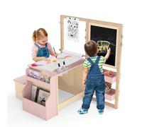 Costway Kids Art Easel Wooden Art Table & Bench Set W/ Double-Sided Blackboard-Pink