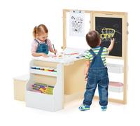 Costway Kids Art Easel Wooden Art Table & Bench Set W/ Double-Sided Blackboard-White