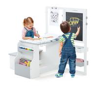 Costway Kids Art Easel Wooden Art Table & Bench Set W/ Double-Sided Blackboard-White Grey