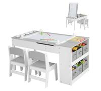 COSTWAY Kids Art Table and Chair Set(Grey,5 Cups:109x60x55cm) | Wooden Toddler Activity Table with 2-Tier Open Shelf, Storage Bins, Paper Roll, Children Furniture for Drawing