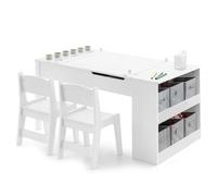 COSTWAY Kids Art Table and Chair Set(White,6 Cups:109x60x53cm) | Wooden Toddler Activity Table with 2-Tier Open Shelf, Storage Bins, Paper Roll, Children Furniture for Drawing