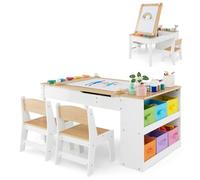 COSTWAY Kids Art Table and Chair Set, Wooden Toddler Craft Easel Desk with 2-Tier Open Shelf, Storage Bins, Paper Roll, Paint Cups, Children Play Activity Furniture