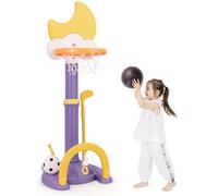 COSTWAY Kids Basketball Hoop, 4 in 1 Toddler Sports Activity Center with Electronic Scoreboard, Soccer Goal, Ring Toss, Golf Set, Height Adjustable Basketball Stand for Boys Girls (Purple+Yellow)