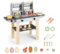 COSTWAY Kids BBQ Grill Playset, Wooden Toy Kitchen with Flip-Top Grill Covers, Play Foods, Grilling Tools, Toddler Barbecue Pretend Play Set for Boys Girls Age 3+
