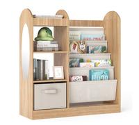 Costway Kids Bookshelf With Mirror Toy Storage Organizer With 4-Tier Sling Shelves-Natural