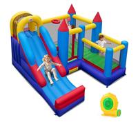 COSTWAY Kids Bouncy Castle, Inflatable Bounce House with Slide, Climbing Wall, Jumping Mat, Basketball Hoop and Carrying Bag, Children Blow Up Jumper for Indoor Outdoor (with Blower)