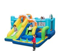 COSTWAY Kids Bouncy Castle, Inflatable Bouncer House Trampoline with Long Slide, Ball Pit, Dual Climbing Walls, Basketball Hoop, Pitching & Ring-toss Game, Blow Up Activity Center for Indoor Outdoor