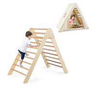 COSTWAY Kids Climbing Frame, 2 in 1 Wooden Playhouse with Soft Mat, Windows and Curtain, Toddler Activity Play Tent for Boys Girls