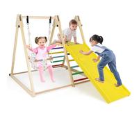 COSTWAY Kids Climbing Frame, 4 in 1 Wooden Playground Jungle Gym with Baby Swing, Resting Platform, Climbing Ramp and Ladder, Indoor Montessori Climber Playset for Toddlers 1+ Years Old (Multicolor)