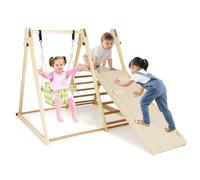 COSTWAY Kids Climbing Frame, 4 in 1 Wooden Playground Jungle Gym with Baby Swing, Resting Platform, Climbing Ramp and Ladder, Indoor Montessori Climber Playset for Toddlers 1+ Years Old (Natural)