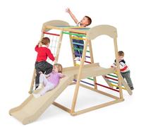 COSTWAY Kids Climbing Frame, Wooden Playground Jungle Gym with Slide, Climbing Ladder/Rope, Monkey Bars, Indoor Climber Playset for Toddlers (Multicolor)