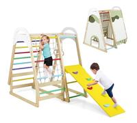 COSTWAY Kids Climbing Frame, Wooden Playground Jungle Gym with Slide, Climbing Net/Ladder, Monkey Bars and Gymnastic Rings, Indoor Climber Playset for Toddlers (Multicolor)