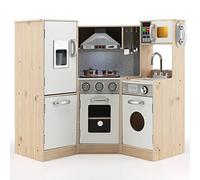 COSTWAY Kids Corner Play Kitchen, 9 in 1 Wooden Pretend Cooking Playset with Realistic Light & Sound, Accessory Utensils, Children's Chef Role Play Set for Boys Girls