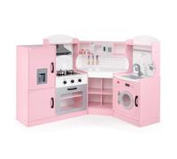 COSTWAY Kids Corner Play Kitchen Age 3+, 9-in-1 Wooden Pretend Cooking Playset with Realistic Lights & Sounds, Accessory Utensils, Children's Chef Role Play Set for Boys Girls (Pink)