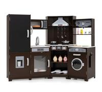 COSTWAY Kids Corner Play Kitchen, Large Pretend Toy Kitchen with Realistic Sounds & Lights, Microwave, Blackboard, Range Hood, Accessories, Children's Chef Role Play Set for Boys Girls (Espresso)