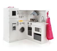 COSTWAY Kids Corner Play Kitchen, Wooden Pretend Cooking Playset with Apron, Chef Hat, Realistic Light & Sound, Accessory Utensils, Children's Chef Role Play Set for Boys Girls (White)