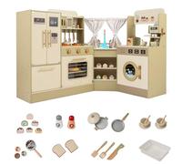 COSTWAY Kids Corner Play Kitchen, Wooden Pretend Toy Kitchen with Faucet, Dishwasher, Stoves, Coffee Machine, Refrigerator, Microwave, Toaster & Accessories, Children Chef Role Playset for Boys Girls