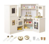 COSTWAY Kids Corner Play Kitchen, Wooden Pretend Toy Kitchen with Ice Dispenser, Stoves, Oven, Microwave, Dishwasher, Water Circulation Faucet & Utensils, Children's Chef Role Play Set for Boys Girls