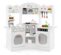 COSTWAY Kids Corner Play Kitchen, Wooden Pretend Toy Kitchen with Realistic Lights & Sounds, Coffee Maker, Microwave, Sink, Faucet, Utensils, Children's Chef Role Play Set for Boys Girls (White)