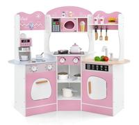 COSTWAY Kids Corner Play Kitchen, Wooden Pretend Toy Kitchen with Realistic Lights & Sounds, Coffee Maker, Microwave, Sink, Faucet, Utensils, Children's Chef Role Play Set for Boys Girls (Pink)