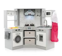 COSTWAY Kids Corner Play Kitchen, Wooden Pretend Toy Kitchen with Realistic Lights & Sounds, Running Water Circulation, Accessory Utensils, Children's Chef Role Play Set for Boys Girls