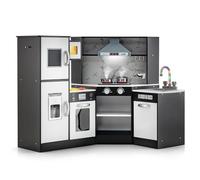 COSTWAY Kids Corner Play Kitchen, Wooden Pretend Toy Kitchen with Separated Washing Basin, Lights and Sounds, Accessory Utensils, Children's Chef Role Play Set for Boys Girls (Coffee)