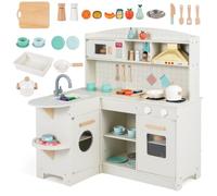 COSTWAY Kids Corner Play Kitchen, Wooden Toy Kitchen with Stoves, Lights | Sounds, Microwave, Storage Space & Accessories, Children Chef Role Playset for Boys Girls