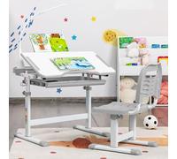 COSTWAY Kids Desk and Chair Set, Height Adjustable Student Study Table with Drawable & Tilted Desktop and Pull-Out Drawer, for Writing, Reading and Drawing (Grey with Light)
