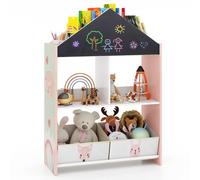 Costway Kids Dollhouse Bookshelf Wooden Toy Storage Organizer W/ Writable Chalkboard