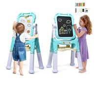 COSTWAY Kids Double Sided Easel with Magnetic Whiteboard and Chalkboard, Art Accessories, Storage Tray, Height Adjustable & 360° Rotatable Drawing Board Educational Toys for Boys Girls