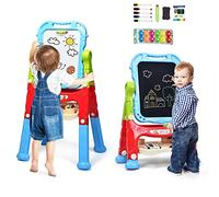 COSTWAY Kids Double Sided Easel with Magnetic Whiteboard and Chalkboard, Art Accessories, Storage Tray, Height Adjustable & 360° Rotatable Drawing Board Educational Toys for Boys Girls (Blue)