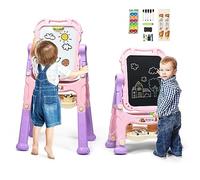 COSTWAY Kids Double Sided Easel with Magnetic Whiteboard and Chalkboard, Art Accessories, Storage Tray, Height Adjustable & 360° Rotatable Drawing Board Educational Toys for Boys Girls (Pink)