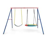 COSTWAY Kids Double Swing Set, A-Frame Metal Swings Stand with Belt Swing and Nest Swing, 2 Hanging Ways & Easy Setup Children Swing Set for Playground Garden (Red+Navy)