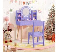 Costway Kids Dressing Table Chair Set Princess Vanity Set w/LED Lighted Mirror in Purple COSTWAY Purple