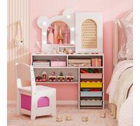 Costway Kids Dressing Table & Chair Set Vanity Set w/ 5 Drawers & Lights in White COSTWAY White