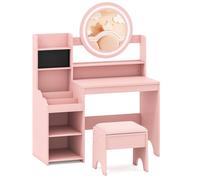Costway Kids Dressing Table Set Vanity Desk w/ Mirror & Lights & Stool in Pink COSTWAY Pink