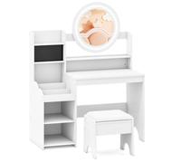 Costway Kids Dressing Table Set Vanity Desk w/ Mirror & Lights & Stool in White COSTWAY White