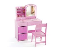 Costway Kids Dressing Table w/ Mirror & Lights Princess Vanity & Chair Set in Pink COSTWAY Pink