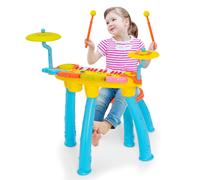 Costway Kids Drum & Electric Keyboard Set 24 Key Piano Keyboard DJ Drum With Stool in Blue COSTWAY Blue