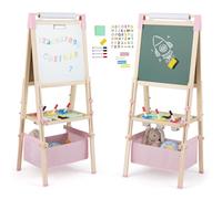 COSTWAY Kids Easel, Double-Sided Art Easels with Magnetic Whiteboard & Chalk Board, Paper Roll, Storage Tray, Height Adjustable Children Drawing Board for Girls Boys (Pink + Natural, 102-126cm)