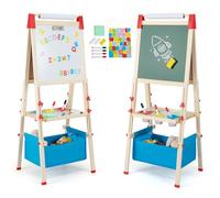 COSTWAY Kids Easel, Double-Sided Art Easels with Magnetic Whiteboard & Chalk Board, Paper Roll, Storage Tray, Height Adjustable Children Drawing Board for Girls Boys (Blue + Natural, 102-126cm)