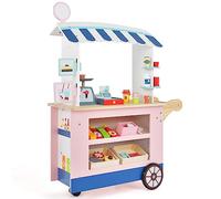 COSTWAY Kids Food Cart, Wooden Grocery Store Playset with POS Machine, Lovely Scale, Beverage Rack & Wheels, Role Play Shop Trolley for Kids Over 3 Years Old