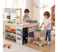 Costway Kids Grocery Store Playset Pretend Play Supermarket W/ Shopping Cart-Natural