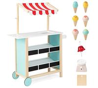 COSTWAY Kids Ice Cream Cart, Wooden Grocery Store Playset with 6 Pieces Play Food, Bell, Chalkboard and Scale, Role Play Dessert Shop Trolley for Ages 3+ (Red Canopy)
