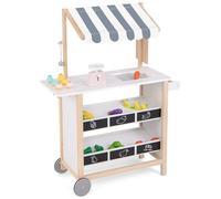 COSTWAY Kids Ice Cream Cart, Wooden Grocery Store Playset with 6 Pieces Play Food, Bell, Chalkboard and Scale, Role Play Dessert Shop Trolley for Ages 3+ (Grey Canopy)