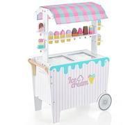 COSTWAY Kids Ice Cream Cart, Wooden Grocery Store Playset with Canopy, Display Rack, Simulation Frozen Compartment & 12 Ice Cream Accessories, Role Play Dessert Shop Trolley for Ages 3+